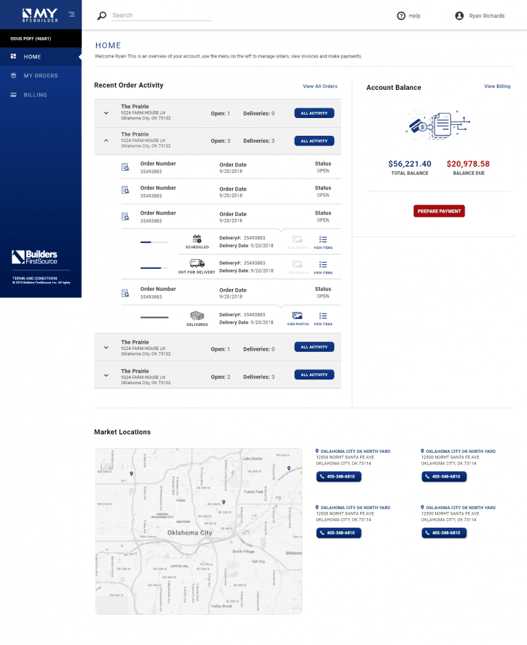Builders FirstSource customer portal home and delivery overview