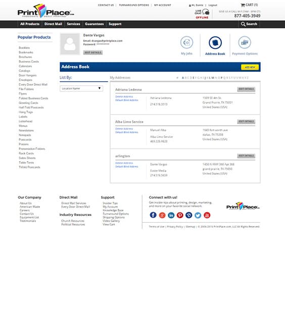 PrintPlace account address book